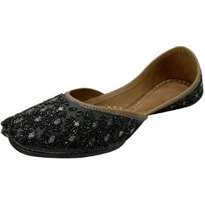 Flat Punjabi Juti for Women Designer Mojaris Ballerina Ethnic Handmade Black Shoes