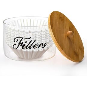 Coffee Filter Holder with Bamboo Lid, Farmhouse Coffee Filter Dispenser Basket for Counter, Glass Coffee Filter Storage Container for Coffee Pod and Filter, Coffee Bar Accessories