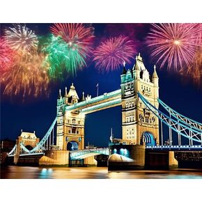Kaliosy 5D Diamond Art Painting Kits for Adult London Bridge by Number Kits, Paint with Diamonds Art Fireworks Landscape DIY Full Drill, Crystal Craft Cross Stitch Embroidery Decoration 12x16inch