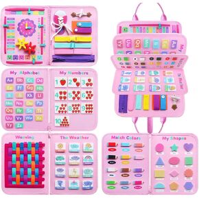 Toddler Busy Board - Montessori Toys for 2-4 Year Old Girls Birthday Gift, 8 in 1 Sensory Toys Educational Learning Busy Books for 1-3 Years Old Car Airplane Activity Travel Toys