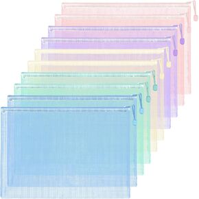 10 Pack A4 Zipper Mesh Pouch Bags, 5 Colors, Plastic Zipper Pouch for School Office Supplies, Waterproof File Bags for Organizing（Multicolor）