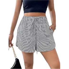 SweatyRocks Women's Striped Print Drawstring Waist Shorts Straight Leg Tie Front Casual Track Shorts with Pockets