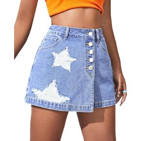 Women's Denim Skort Skirt Shorts A Line Mini High Waisted Casual Button Star Print Ripped Shorts