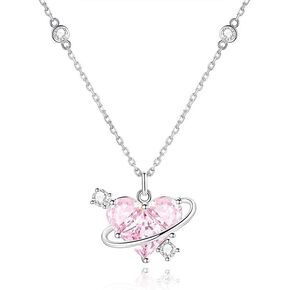 Silver Heart Necklace Pink Purple White Zircon for Teen Girl Delicate Lovely Crystal Planet Pendant Necklace Love Necklace Girl Jewelry Gift