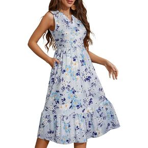 YATHON Womens Summer Sundress Notched Neck Slant A Line Tiered Midi Dresses with Pockets
