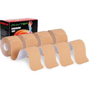 Kinesiology Tape Precut Strips - 4 Rolls Precut Muscle Support & Pain Relief Sport Tape, Waterproof & Breathable, Latex-Free, 2 inches x 16.4 Feet per Roll (Beige)