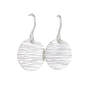 Silver Drop Earrings Small Circle Disk Wooden Steps Texture