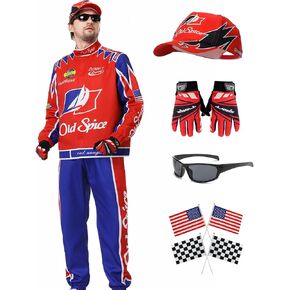 زي Heionia Ricky Bobby زي Talladega Nights Jacket مع قبعة وأعلام للرجال زي سائق سيارة السباق