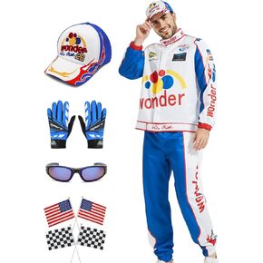 زي Heionia Ricky Bobby زي Talladega Nights Jacket مع قبعة وأعلام للرجال زي سائق سيارة السباق