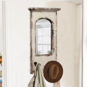 Rustic Entryway Arched Wall Mirrors with 3 Metal Hooks 12" x 22", Hanging Distressed White Wood Frame Farmhouse Bathroom Mirrors for Vanity, Large Ornate Mirror Wall Decor Living Room