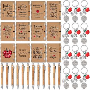 Pasimy 36 Pcs Teacher Appreciation Gifts Thank You Kraft Notebooks Bamboo Pens Keychains Birthday Gift for Teacher Appreciation Week Retirement Inspirational Gift Ideas