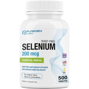 Puregen Labs Selenium 200 mcg Yeast Free Essential Mineral - 500 Vegetarian Tablets | Immune & Antioxidant Support | Non-GMO, Gluten Free, Made in USA