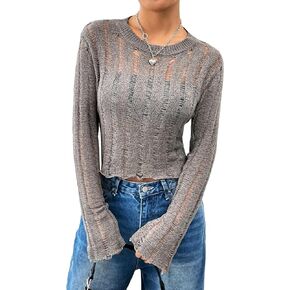 GORGLITTER Women's Mesh Sweater Long Sleeve Hollow Out Round Neck Pullover Tops in Kuwait