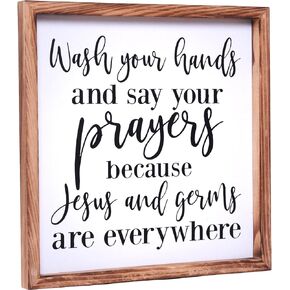 Bathroom Decor - Modern Farmhouse Rustic Wall Art Home Decor - Wash Your Hands and Say Your Prayers - Funny Solid Wood Framed Printed Sign for Toilet, Bath, Restroom, Kitchen - Size 12x12 Inches