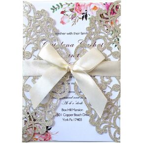 5x7 20PCS Silver Laser Cut Wedding Invitations Cards with Ribbons for Wedding Bridal Shower Engagement Birthday Graduation Invite (Silver Glitter)