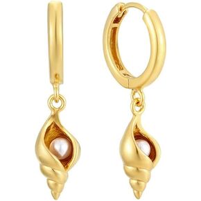 Cute Conch Pearl Huggie Small Hoop Earrings Dangle Drop for Women Girls Vintage Boho Sterling Silver Post 14K Gold Plated Seashell Beach Charm Hoops Hypoallergenic Summer Jewelry Gift