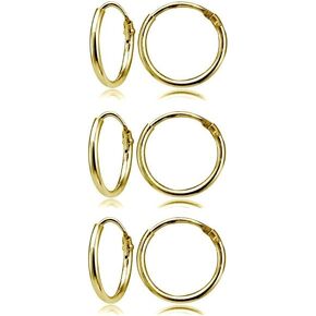 Sterling Silver Small Endless 12mm Round Unisex Hoop Earrings for Men Women Set of 3 Pairs