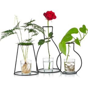 Nuptio Set of 3 Creative Desktop Planter Set with Glass Cup Vases Iron Metal Stand for Water Planting Flower Arrangement Decoration Gift for Home Wedding Centerpieces Décor (3 Pcs)…