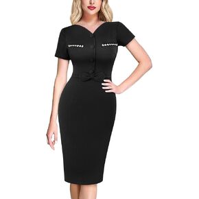 VFSHOW Womens Wear to Work Office V Neck Buttons Bowknot Fitted Business Bodycon Dress