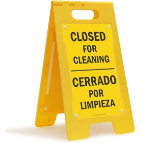 SmartSign 25 x 12 inch “Closed For Cleaning" Bilingual Two-Sided Folding Floor Sign, Digitally Printed Polypropylene Plastic, Black and Yellow