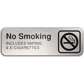 No Smoking No Vaping Sign, Aluminum Brushed Silver, Double Sided Mounting Tape for Easy Installation, Signs for Business, NO SMOKING INCLUDING VAPING & E-CIGARETTES, 9" W x 3" H, ADASigns.or