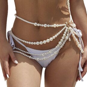 Nicute Pearl Waist Chain Layered Bead Belly Chain Beach Party Bikini Belt Body Jewelry for Women and Girls