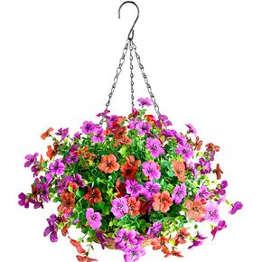 Artificial Flowers in Basket,Artificial Fake Flowers UV Resistant Rose Eucalyptus Plants in 10 inch Coconut Lining Hanging Baskets for Outdoor Indoor Patio Lawn Garden Deocr