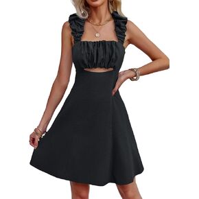 Fisoew Womens Summer Sleeveless Mini Dress Backless Square Neck Self Tie Cutout A Line Beach Dresses