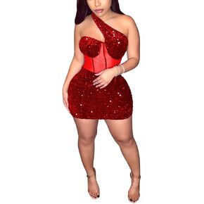 Women Sexy Glitter Sequin Mesh Patchwork Mini Dress Sleevelesss One Oblique Shoulder Bodycon Night Clubwear Party Dresses