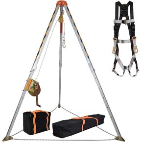 KSEIBI 423990 Aluminum Confined Space Tripod Kit Manhole Entry and Rescue Equipment Set with 65' Winch, Pulley, Carabiner, Fall Protection Safety Harness and Carrying Storage Bag