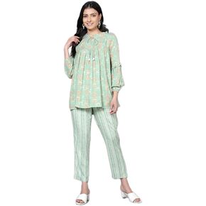 2 Piece Summer Outfits, Co-ord Set with Pant & Tunic Top with Tessel, Full Sleeves Indian Co-ord Set