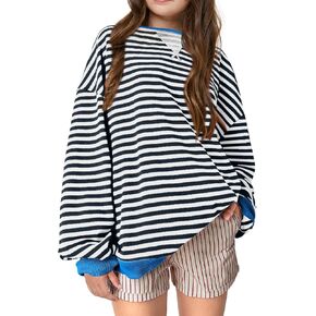 Girls Striped Sweatshirt Color Block Crew Neck Long Sleeve Shirt Casual Loose Pullover Tops