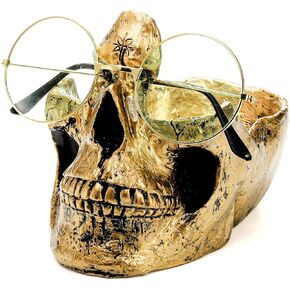 Lawei Skull Glasses Stand Holder, Creative Eyeglasses Holder, Sunglasses Spectacle Display Rack, Resin Statue Ornament for Entryway, Home, Office, Desk, Nightstand, Gold
