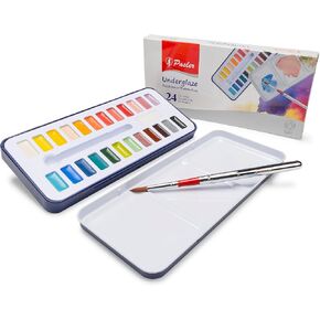 Pasler® Underglaze Semi-moist Watercolor Set - 24 color with 1 portable paint brush in Pan for bisque, greenware or pottery. in Kuwait