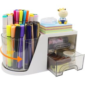 Desk Organizer with 2 Drawers, 360-Degree Rotating Pen Holder Pencil Organizer, Spinning Desktop Stationary Organization Storage Caddy for Home Office Teacher School Kids Art Supplies(White)