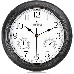 Lafocuse 12" Silent Wall Clock with Thermometer and Hygrometer Combo, Mahogany Color Non Ticking Battery Operated Quartz Clocks Kitchen for Porch Garage Kitchen