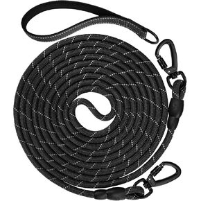 15ft Long Dog Leash | Neoprene Padded Handle | Lockable Heavy Duty Clip | Handle Removable for Temporary Tie Out | Dog Training,Hiking,Camping,Playing Outside or in Yard | Black, 3/8" Thick