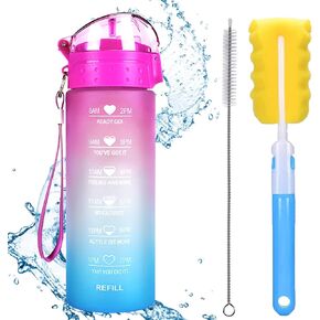 XACIOA 32oz Water Bottle with Straw & Motivational Time Marker, Leakproof BPA Free,Ensure You Drink Enough Water Throughout The Day for Fitness and Outdoor Sports(With Straw Brush & Cup Brush)