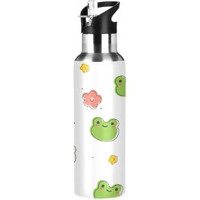xigua Water Bottle, Outdoor Sports Bottle With Wide Mouth Straw Lid, Stainless Steel Double Wall Vacuum Insulated Flask for School Fitness Gym 22 oz (Cute Frog)