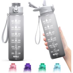زجاجة مياه سعة 32 أونصة مع علامة زمنية وقش، زجاجة مياه تحفيزية بمقبض، إبريق ماء تريتان مقاوم للتسرب وخالي من البيسفينول أ للمدرسة وصالة الألعاب الرياضية والخارجية واللياقة البدنية (رمادي متدرج أسود، 32 أونصة) in Kuwait