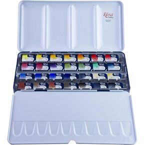 ROSA Gallery Professional Watercolor Paint Set, Made in Ukraine, 28 Water Colors of 2,5 ml, Portable Travel Watercolor Kit, High Lightfastness Paints for Artists, Adults in Metal Case