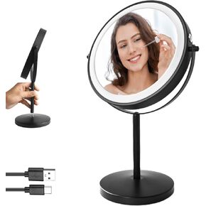Lighted Makeup Mirror, 8" 4000mAh Rechargeable Lighted Makeup Mirror with 3 Color Lights and 1X/ 10X Magnification, 360° Rotation Tabletop Standing Mirror Dimmable – Black