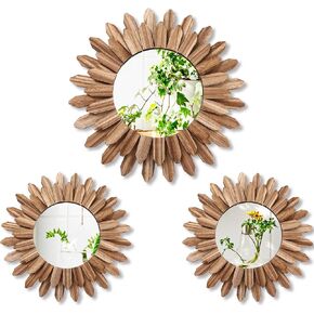 3 Pcs Boho Wall Decor Mirror 17 Inch 12 Inch Sunburst Wall Mirrors Round Boho Circle Mirror with Rustic Wood Frame Decorative Hanging Wall Art for Farmhouse Home Decor(Wood Color)