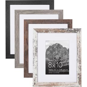 Americanflat 5x7 Picture Frame Set of 4 - Use as 4x6 Picture Frame with Mat or 5x7 Frame Without Mat - Rustic Picture Frames with Textured Engineered Wood, Shatter Resistant Glass, and Easel