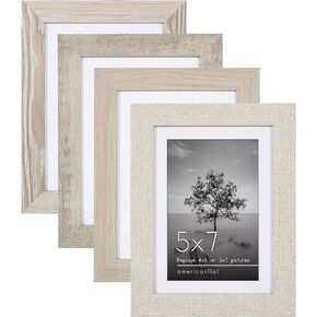 Americanflat 5x7 Picture Frame Set of 4 - Use as 4x6 Picture Frame with Mat or 5x7 Frame Without Mat - Rustic Picture Frames with Textured Engineered Wood, Shatter Resistant Glass, and Easel