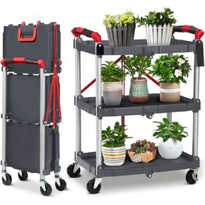 Collapsible Cart with Wheels, Service Cart, Rolling Carts with Wheels Foldable, 3 Tier Rolling Utility Cart, Folding Utility Shopping Cart for Bar, Kitchen, Office, Shopping, Garage