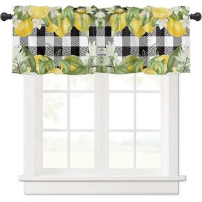 Kitchen Valances for Windows Summer Lemons Black White Buffalo Plaid Kitchen Curtains Rod Pocket Valance Window Treatment Light Filtering Curtains for Living Room Bedroom, 54x18 Inch