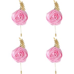 Faux Silk Rose Men Suit Boutonniere, Artificial Flower & Golden Leave Brooch Lapel Pin for Groom Groomsman Wedding Prom Dance Homecoming Party