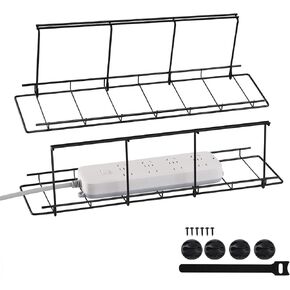 2 Pack Under Desk Cable Management Tray, Metal Cable Tray Basket for Wire Management, Adjustable and Removable Cable Management Tray Fits Most Table, Desk Cable Tray with Wire Organizer, Black