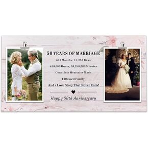 Happy 50th Anniversary Picture Frame, Gift for Parents 50th Golden Anniversary, 50 Years Wedding Gifts for Grandparents with Stand, Double Picture Frame Holds 4x6 Photo